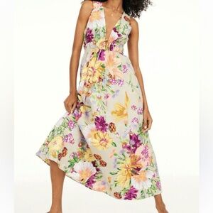 H&M WOMENS FLORAL V NECK LINEN MAXI DRESS MEDIUM